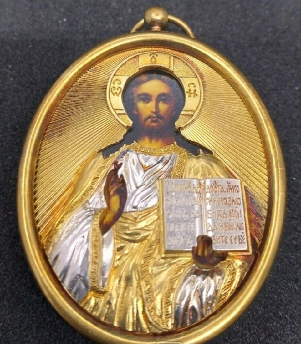 ANTIQUE TRAVELING 875 SILVER RUSSIAN ICON CHRIST PANTOKRATOR GOLD PLATED (1 of 9)
