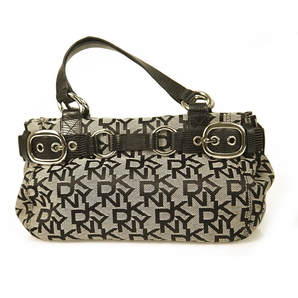 Donna Karan DKNY Signature Black Gray Canvas Top Leather Handles Clutch Handbag: Donna Karan DKNY Signature Black Gray Canvas Top Leather Handles Clutch Handbag Extra impressive and luxurious this DKNY bag is such a beautiful piece! This bag features signature DKNY canvas in black