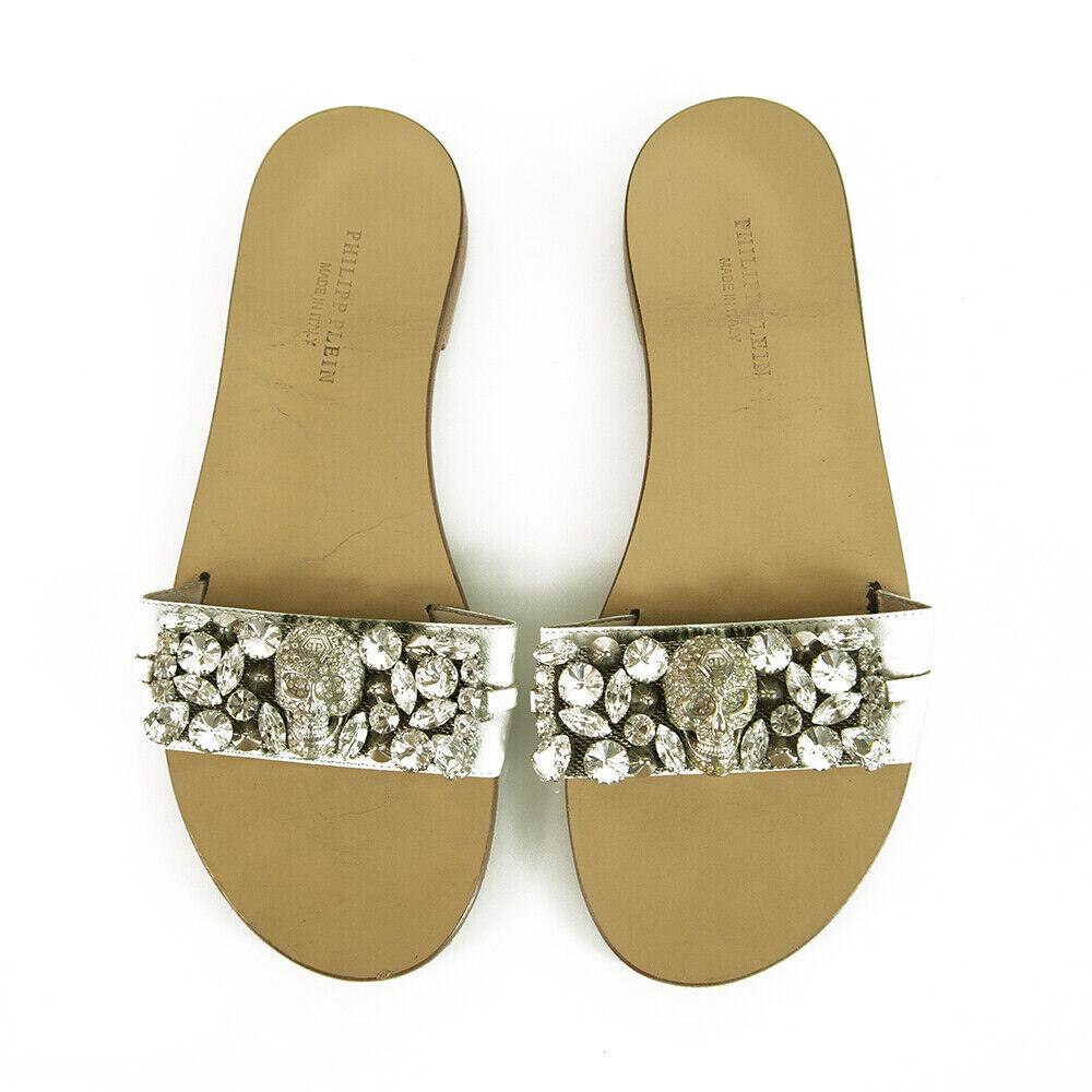 Phillip Plein Skull & Crystal embellished Slides Sandals Flat Shoes sz 38: Phillip Plein Skull & Crystal embellished Slides Sandals Flat Shoes sz 38 Inject luxe attitude into casual looks with Philli Plein embellished slides - featuring white leather upper whit large crystal
