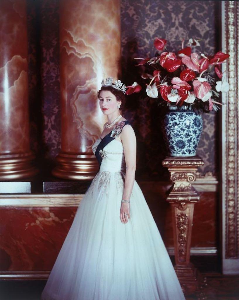 V&A Museum London 'Queen Elizabeth II' by Cecil Beaton 1955 (printed later): Queen Elizabeth II' by Cecil Beaton (1904-80) Queen Elizabeth II wearing the sash of the Order of the Garter and a diamond and pearl diadem made for King George IV, Buckingham Palace, England, 1955. &