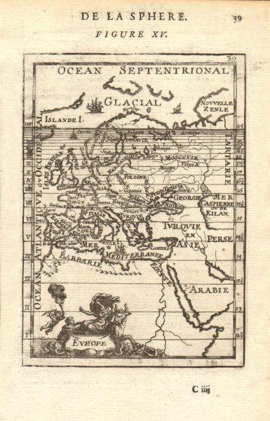EUROPE showing daylight hours at summer equinox. Sunrise-sunset. MALLET 1683 map (1 of 2)