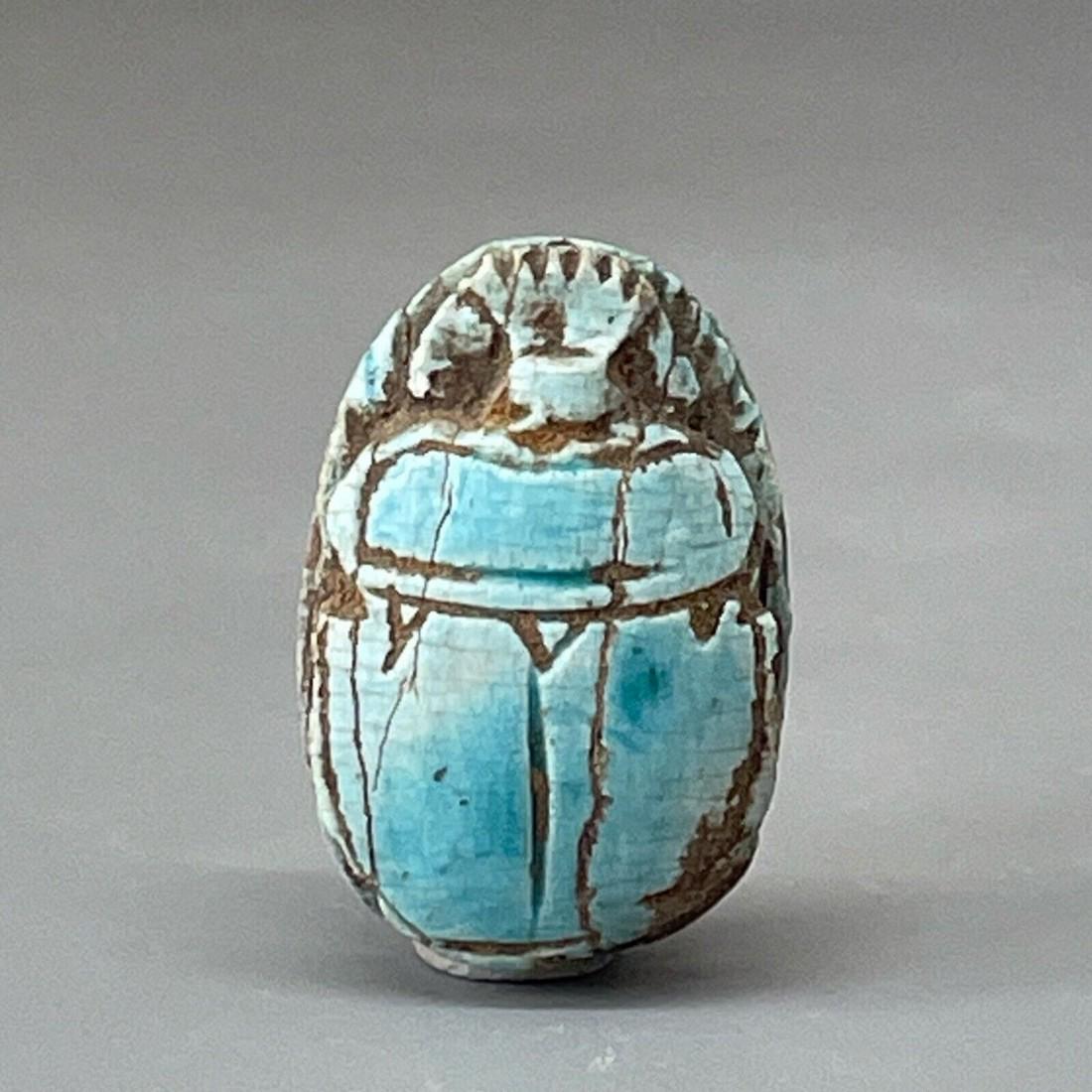 Ancient Egyptian Antique Glazed Faience Scarab Beetle Seal Amulet 600 - 300 BC (1 of 6)