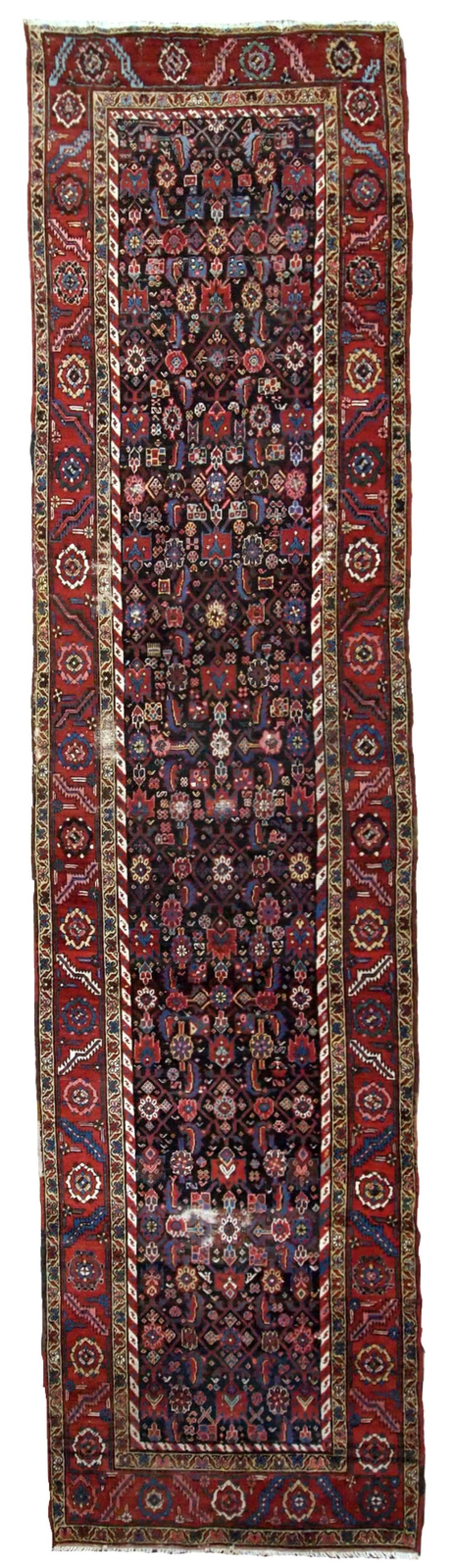 Handmade antique Persian Bakshaish runner 3.2' x 12.3' (97cm x 375cm) 1880s: Title: Handmade antique Persian Bakshaish runner 3.2' x 12.3' (97cm x 375cm) 1880s Origin: Persia Dimension:3.2' x 12.3' ( 97cm x 375cm ) Materials: wool Year: 1880s Description:Handmade antique Bakhs