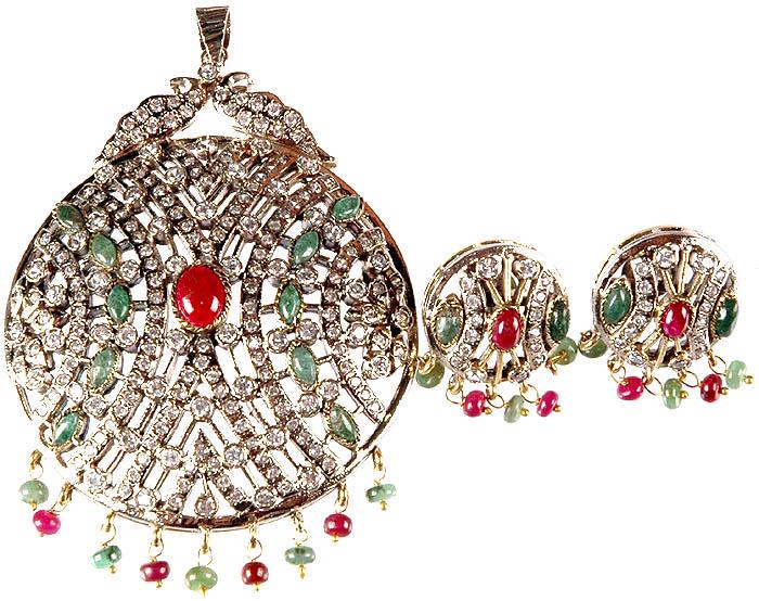 Ruby and Emerald Victorian Pendant with Twin Peacocks Atop and Earrings (1 of 1)