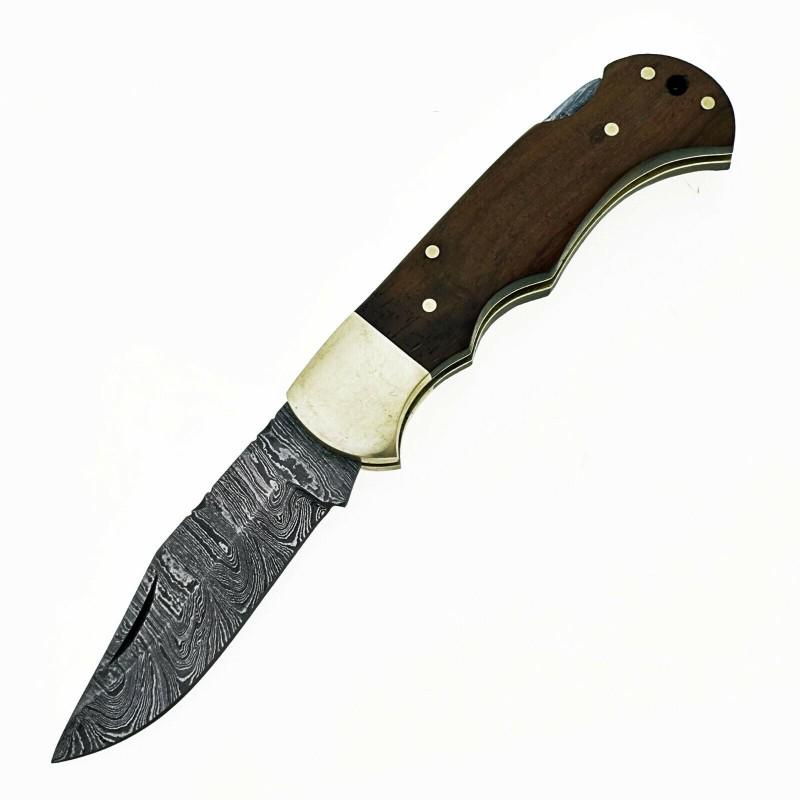 Handmade folding pocket damascus steel knife work wood (1 of 6)