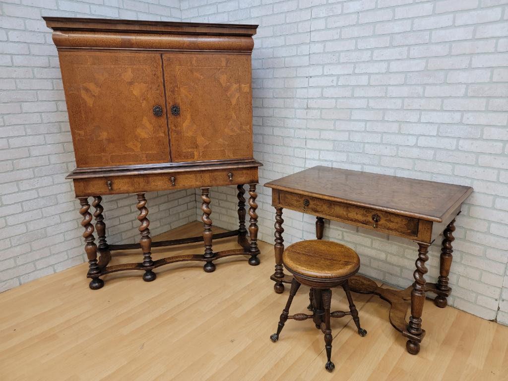 Vintage William and Mary Seaweed Marquetry Cabinet On Stand with a Writing Desk and Stool by Hayden (1 of 10)
