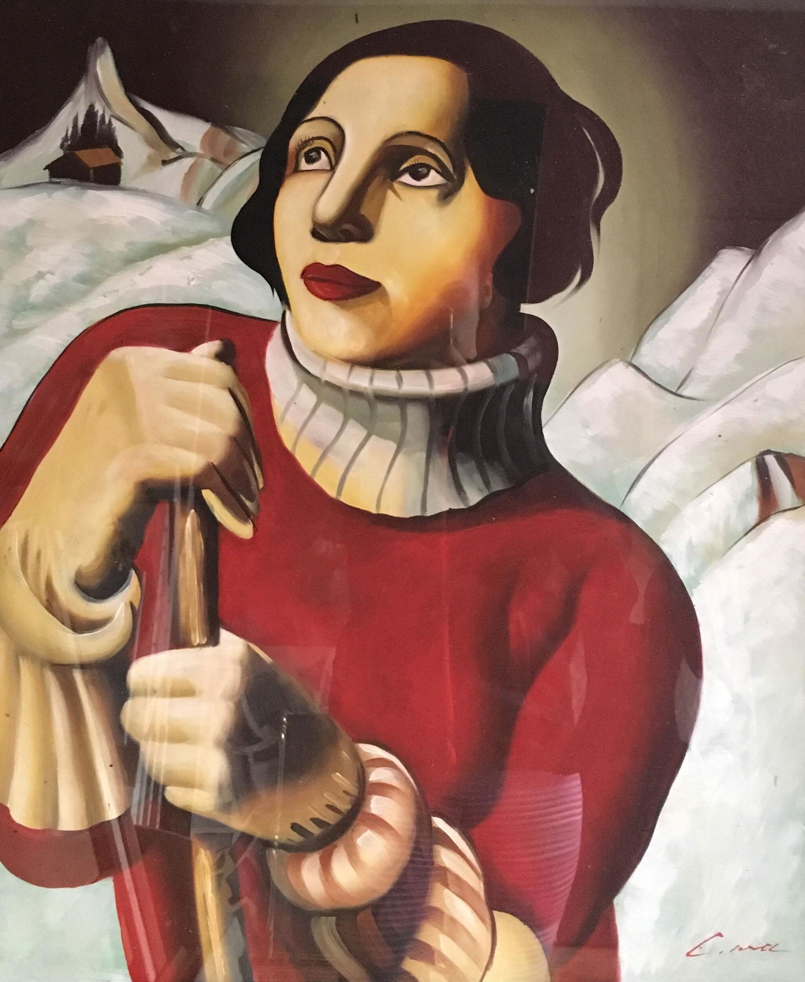 Art Deco Portrait Lady Ski-ing in Alps, Large Oil Painting, Signed c.1980s (1 of 12)
