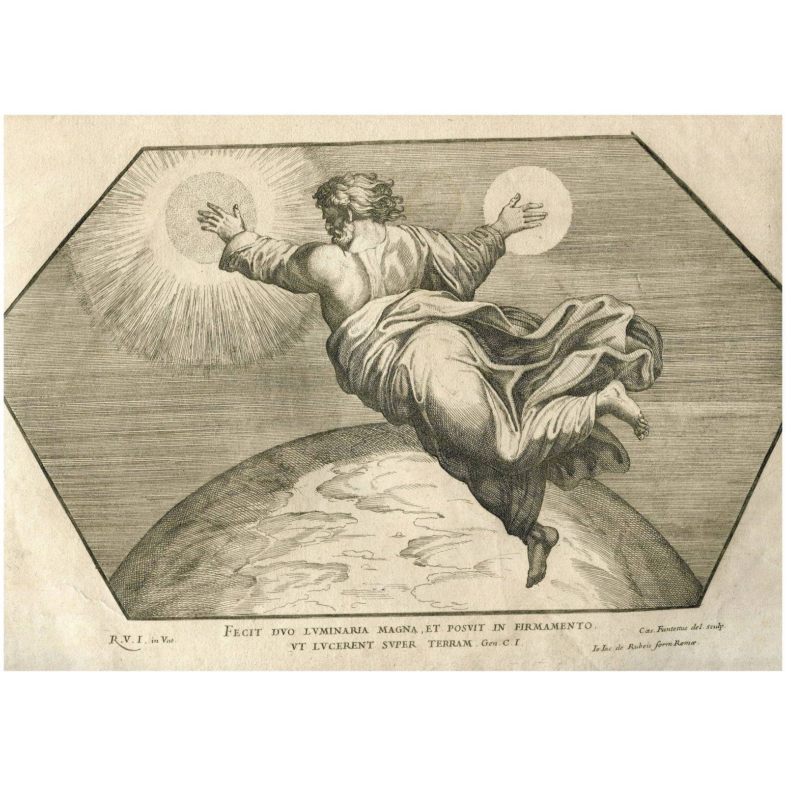 Raphael Bible. The Creation, Light was created. 1674: Title: Fecit duo luminaria magna et posuit in firmamento ut lucerent super terram. Engraver: Cesare Fantetti (Italian, 1660â€“1740). After: Raphael (Raffaello Sanzio da Urbino, Italian, 1483-1520