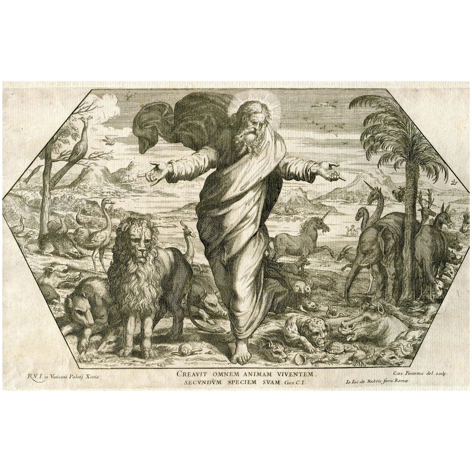 Raphael Bible. All kinds of animal life was created, 1674: Title: Creavit omnem animam viventem secundum speciem svam. Engraver: Cesare Fantetti (Italian, 1660â€“1740). After: Raphael (Raffaello Sanzio da Urbino, Italian, 1483-1520). Provenance: â€˜I