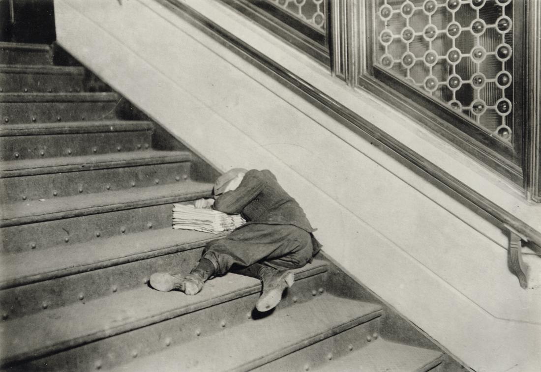 LEWIS HINE - A Sleeping Newsboy, 1912: Artist: Lewis Hine Title: A Sleeping Newsboy, 1912 Medium: Photo Litho, 1993, Switzerland Dimensions: 7.45x5.1" Description: Heat Wax Mounted on 8.5x11" Conservation Board Artist Bio: Lewis Wickes Hin