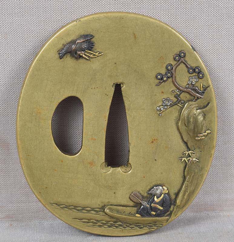 19c sentoku Japanese sword TSUBA SCHOLAR watching crane (1 of 6)