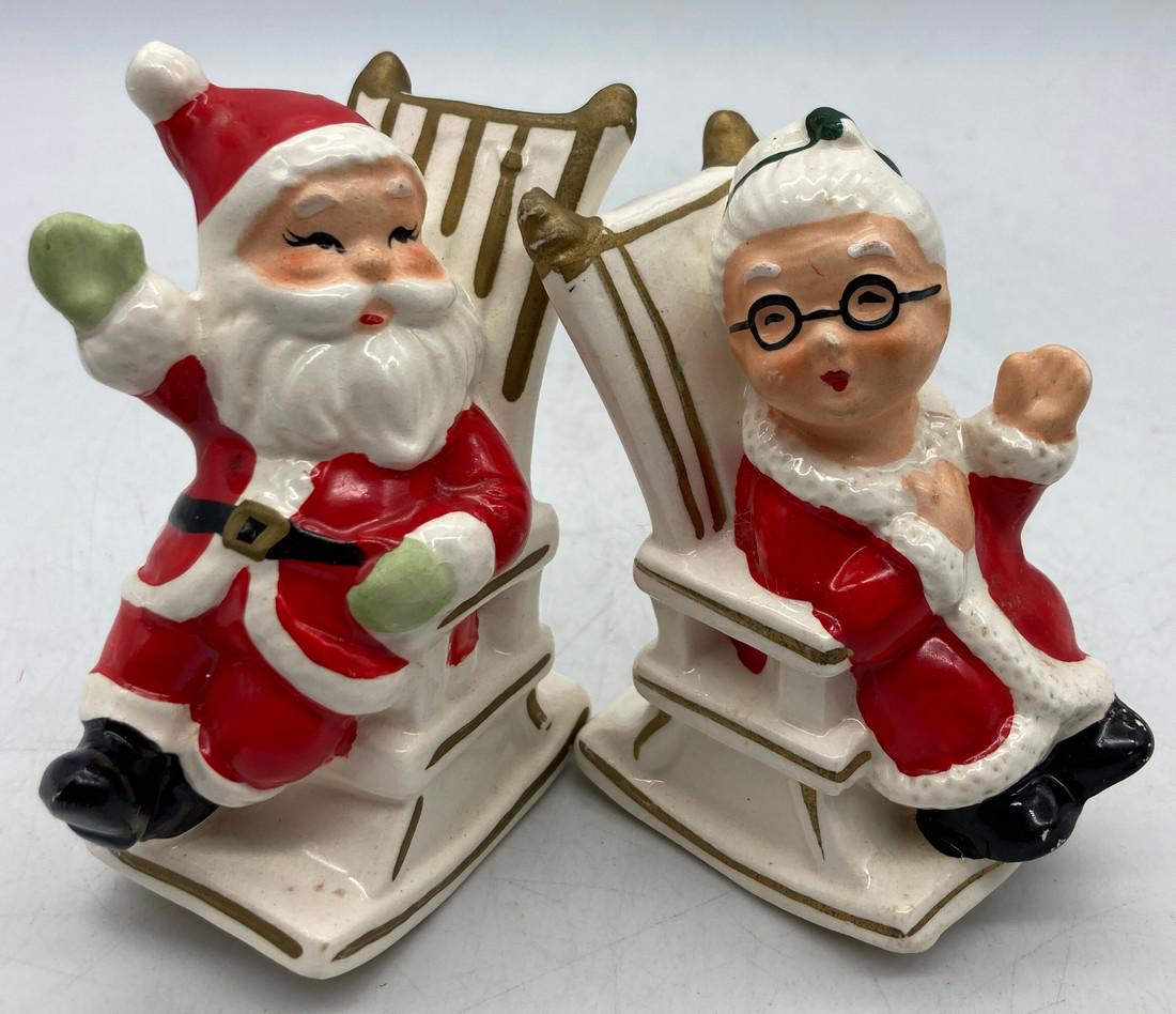VINTAGE LEFTON SANTA & MRS. CLAUS IN CHAIRS SALT/PEPPER SHAKERS JAPAN: Title: VINTAGE LEFTON SANTA & MRS. CLAUS IN CHAIRS SALT/PEPPER SHAKERS JAPAN Date/Period: approx 1950's Dimension: approx 4" tall Material: ceramic Additional Information: VINTAGE LEFTON SANTA & MRS.