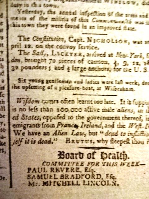 1799 Newspaper Paul Revere Fortresses: The May 8, 1799 issue of the "Columbian Centinel", printed at Boston by Benjamin Russell, four folio pages. Interesting content including Front page proposals to supply numerous US Fortresses, named,