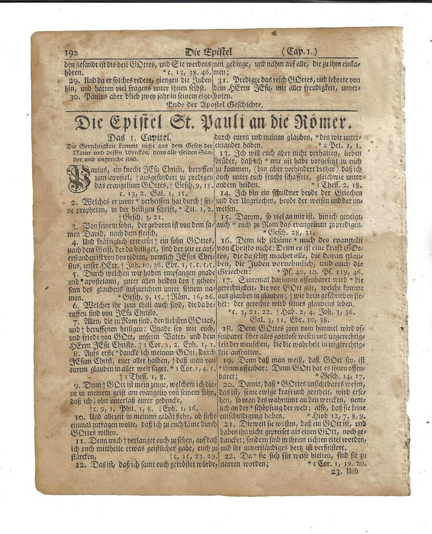 1776 Revolutionary War Bible Leaf Saur: A leaf from a Revolutionary war bible printed by Christoph Saur at Germantown in 1776. In Fraktur, divisional title of Epistle of Paul. The bible is known as a Gun wad bible because of its use for tha