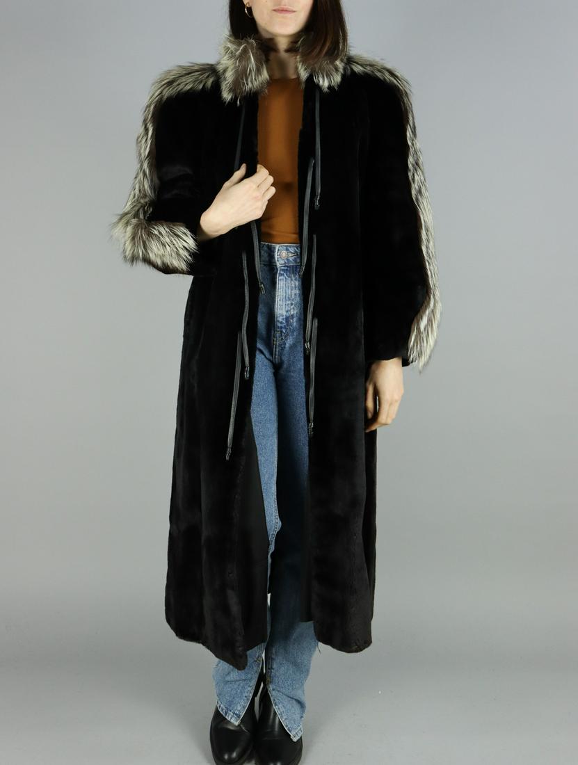 BLACK SHEARED MINK FUR COAT & SILVER FOX TRIM EU: L; US: 16 (1 of 11)