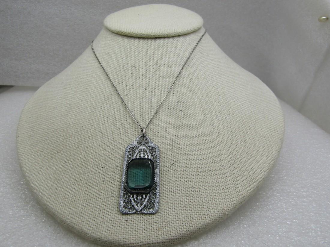 Vintage Sterling Art Deco Themed Necklace with Aqua Glass Stone, 16" (1 of 7)