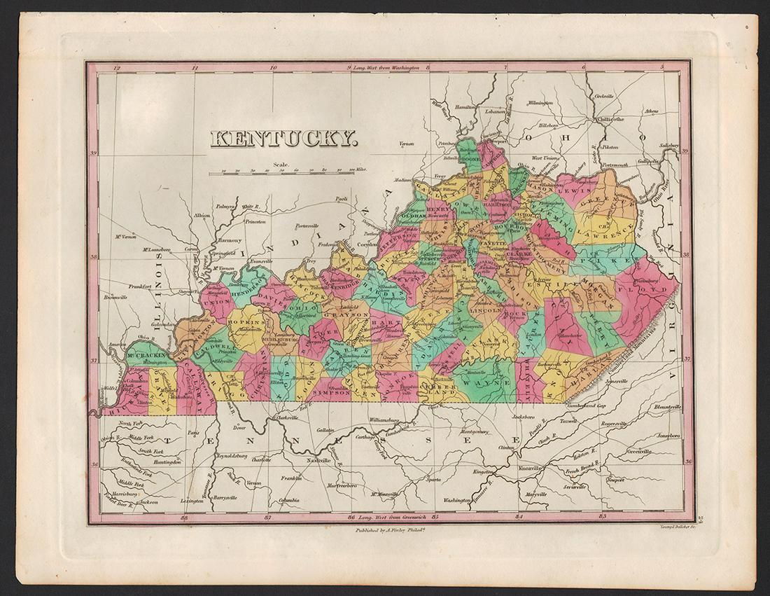 Great 1833 map of Kentucky by Anthony Finley: Very nice impression on this 190-year-old map. State maps from the later Finley atlases are rarely available. A lovely example with just a tiny repaired edge tear at top. Nice representation of mounta