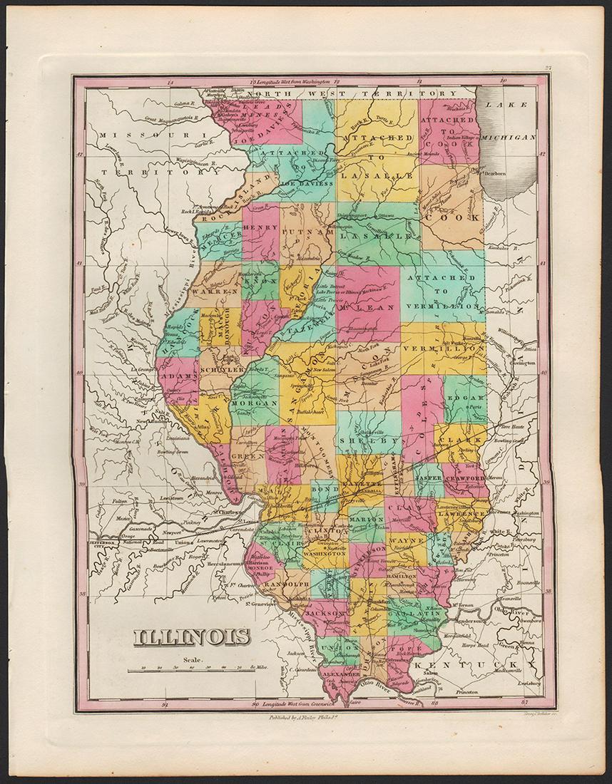 Great example of 1833 Illinois by Anthony Finley: Beautiful and clean map of Illinois from the very scarce 1833 edition of Anthony Finley’s New General Atlas. Maps from later Finley atlases are rarely available. This map was published just afte