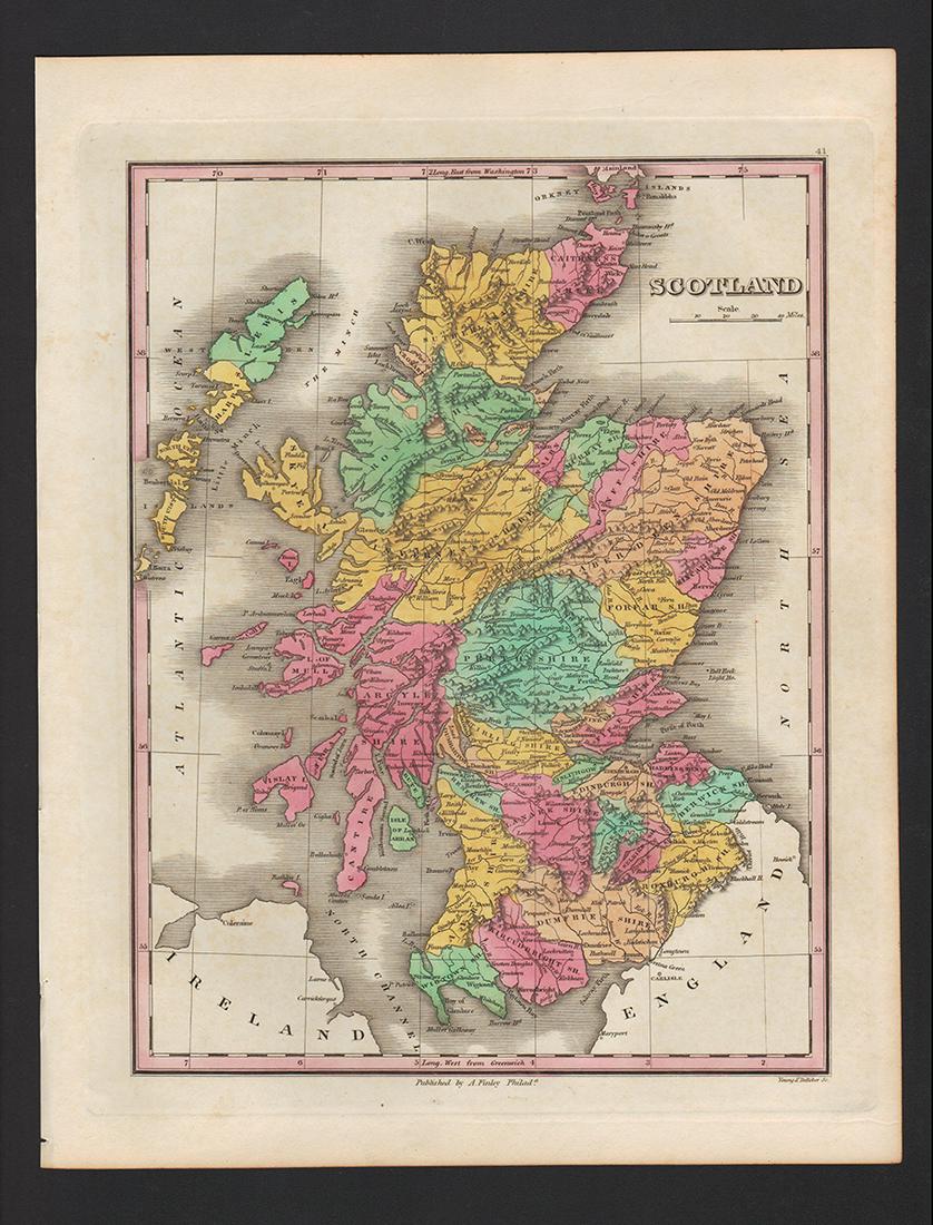 Scarce and sharp 1833 Finley map of Scotland: 190-year-old map of Scotland from the very scarce 1833 edition of Anthony Finley’s New General Atlas. A beautiful specimen with crisp ink impression and carefully applied hand coloring executed 