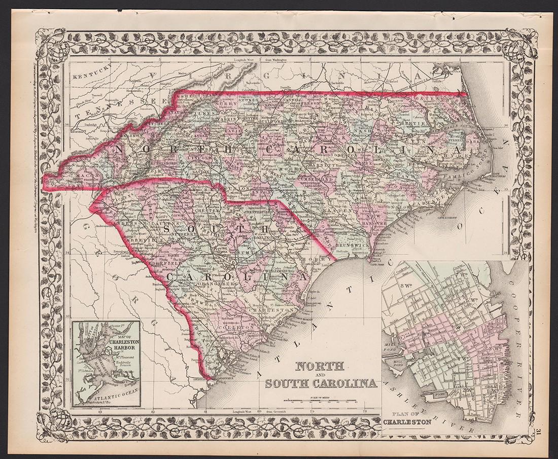 Great specimen of antique map of N. and S. Carolina (1 of 4)