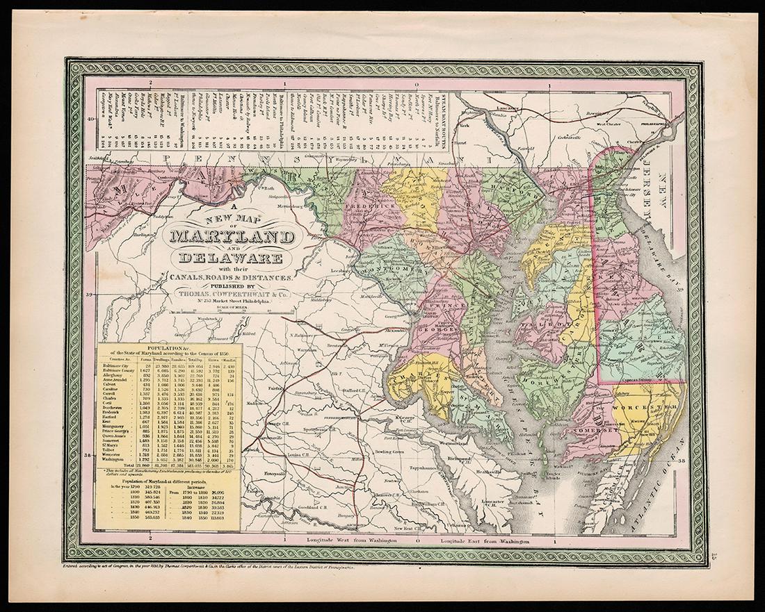 Beautiful 1850 engraved map of Maryland & Delaware (1 of 5)