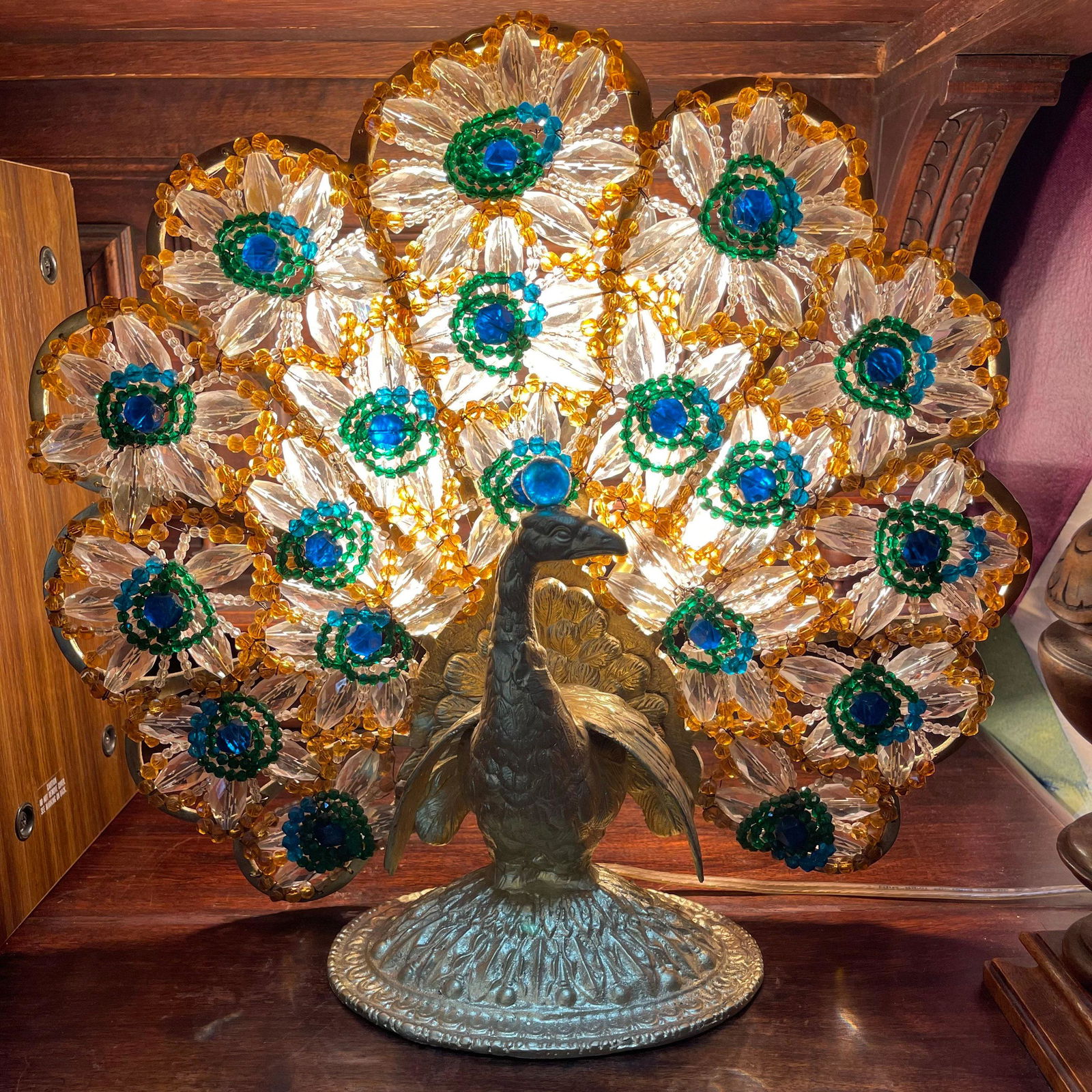 Antique Hollywood Regency Bohemian Beaded and Gilt Bronze Peacock Lamp (1 of 10)