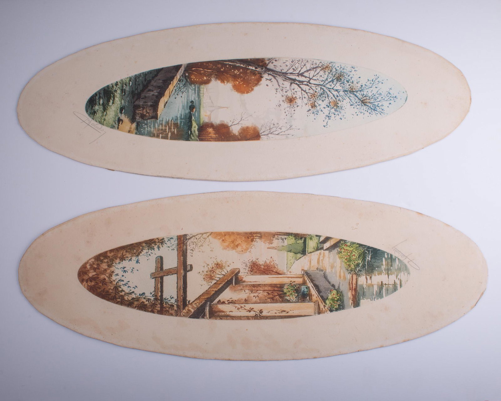 PAIR OF FRENCH ART DECO COLOR LITHOGRAPHY LANDSCAPE: Made in France in the early 1920's those litho gravure reflect the democratic desire of that time to produce affordable art . It is an original lithography with several color , each color was done on 