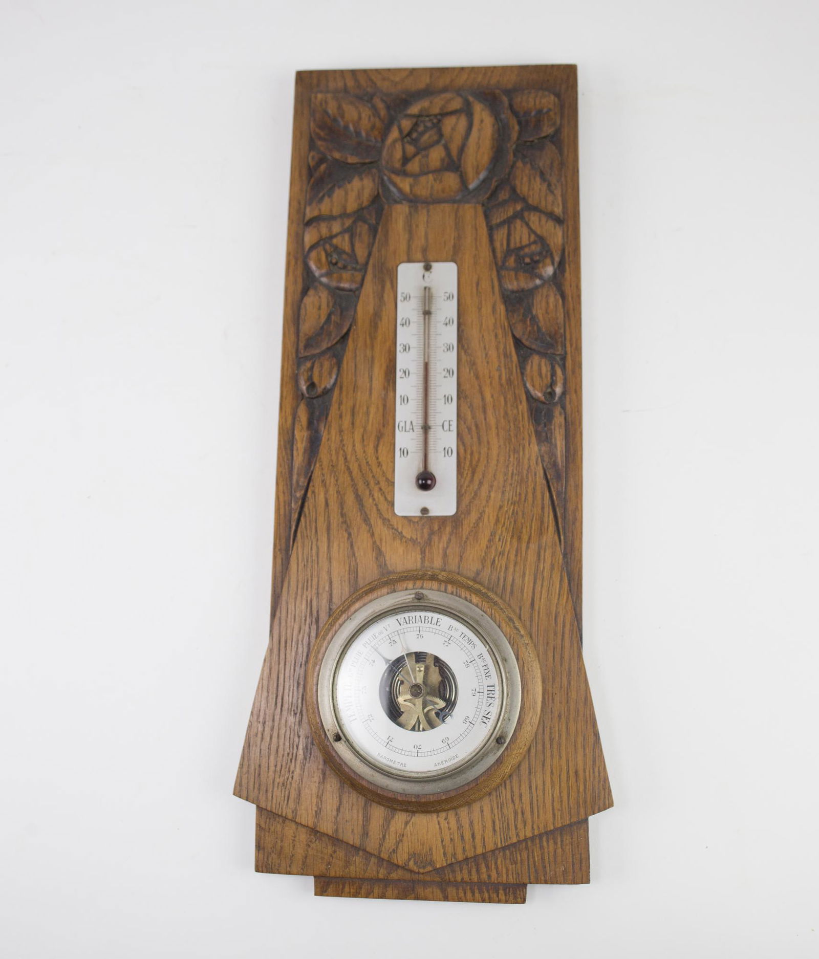 Antique art deco French aneroid barometer scientific light oak frame (1 of 3)