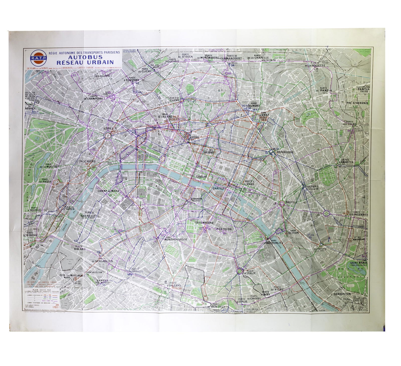 Large Paris bus stop RATP map with numbered lines 1963 Tarride (1 of 5)