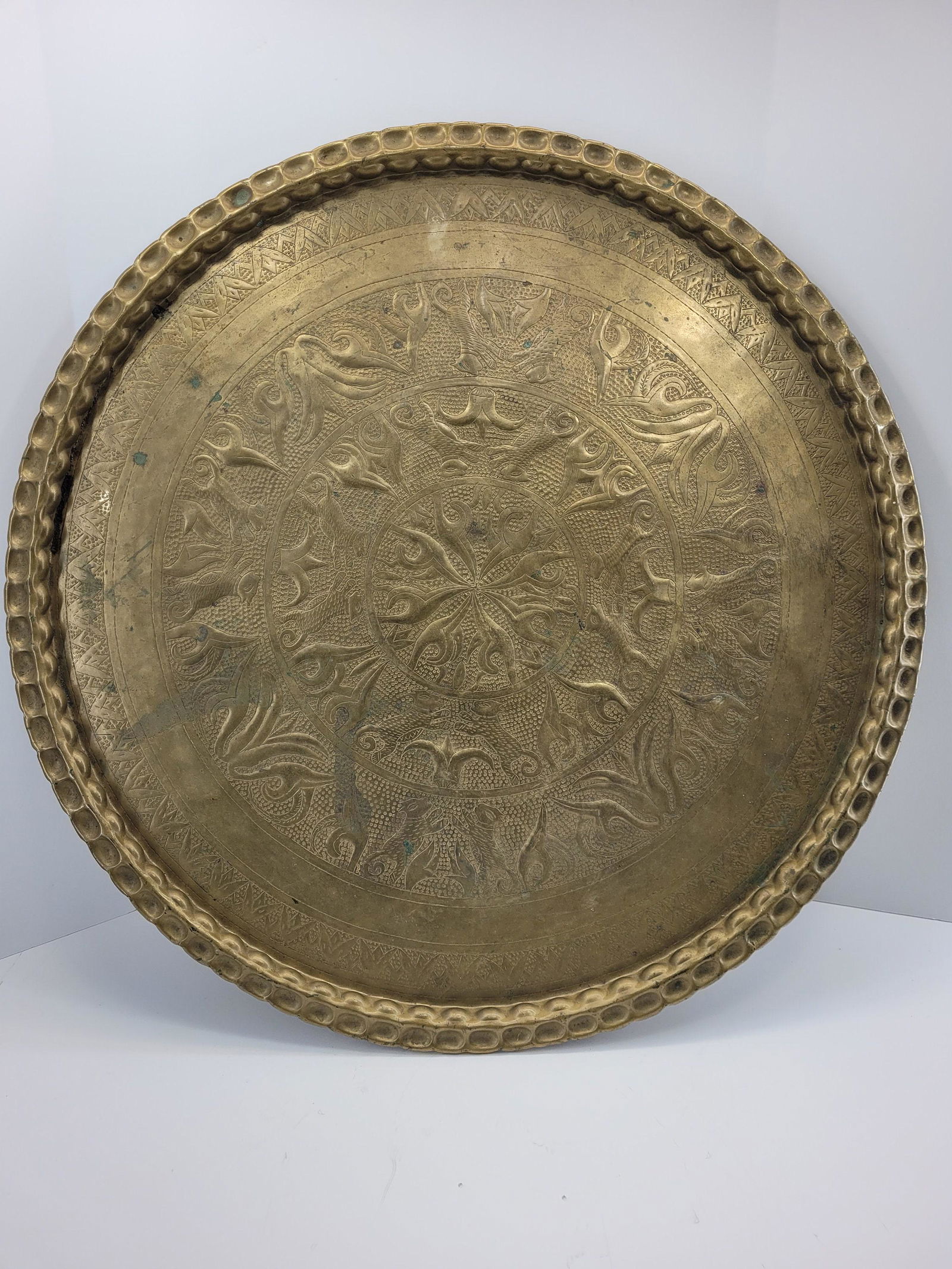 Vintage Brass Large Round Table Top Serving Tray 31" Asian Oriental Style (1 of 6)