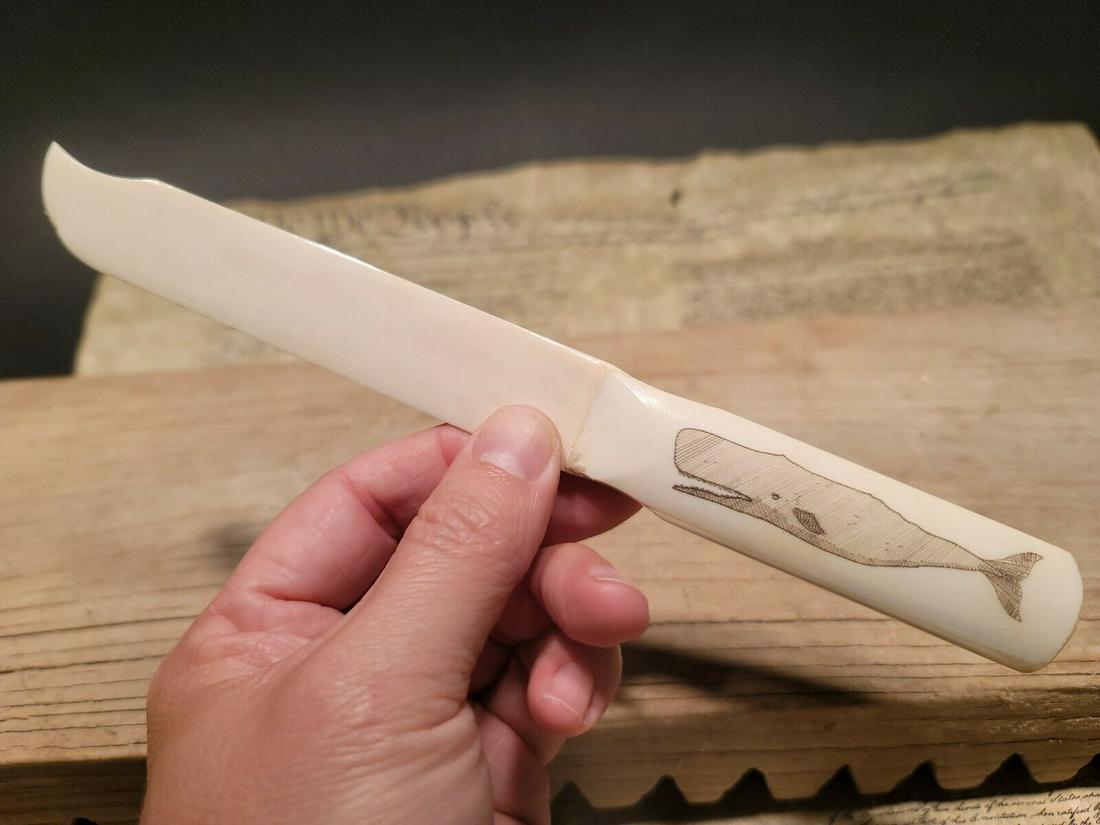 Folk Art Scrimshaw Etched Bone Letter Opener: 9 1/4" Long x 1" Wide Wonderful new reproduction scrimshaw carved ox bone letter opener. As you can see this piece is bone with an etched design typical of the period. Scrimshaw is a craft developed b