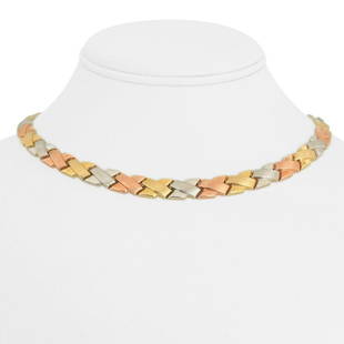 14k Yellow White and Rose Gold 19.9g Tri Tone Fancy Link Collar Necklace 15": Details Condition: Excellent Condition, Professionally Cleaned and Polished Metal: 14k Gold (Marked, and Professionally Tested) Weight: 19.9g Length: 15 Inches Width: 8mm Closure: Box Tab