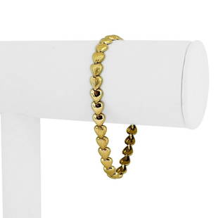 14k Yellow Gold 8.6g Ladies 6mm Polished and Satin Finish Heart Link Bracelet 7": Details Condition: Excellent Condition, Professionally Cleaned and Polished Metal: 14k Gold (Marked, and Professionally Tested) Weight: 8.6g Length: 7 Inches Width: 6mm Closure: Box Tab Insert