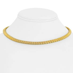 14k Yellow Gold 36.2g Ladies 6mm Flex Tubogas Link Collar Necklace Italy 16": Details Condition: Excellent Condition, Professionally Cleaned and Polished Metal: 14k Gold (Marked, and Professionally Tested) Weight: 36.2g Length: 16 Inches Width: 6mm Closure: Box Tab Insert