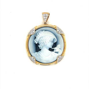 18k Yellow Gold Vintage Blue Agate Cameo with Diamond Accents Pendant: Details Condition: Excellent Condition, Professionally Cleaned and Polished Metal: 18k Gold (Marked, and Professionally Tested) Weight: 14.2g Length: 1.75 Inches Width: 1.35 Inches Diamonds: