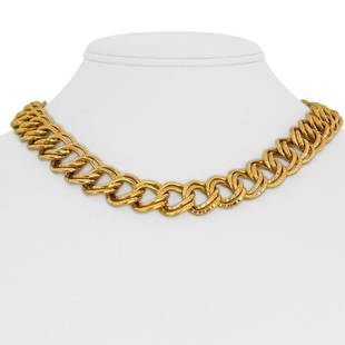 22k Yellow Gold 82g Heavy Diamond Cut 16mm Double Circle Curb Link Necklace 17": Details Condition: Excellent Condition, Professionally Cleaned and Polished Metal: 22k Gold (Marked, and Professionally Tested) Weight: 82.1g Length: 17 Inches Width: 16mm Closure: Push Pin 