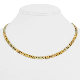 14k Yellow White Rose Gold 23.8g Tri Tone 4.5mm Figure 8 Link Chain Necklace 18": Details Condition: Excellent Condition, Professionally Cleaned and Polished Metal: 14k Gold (Marked, and Professionally Tested) Weight: 23.8g Length: 18 Inches Width: 4.5mm Closure: Lobster