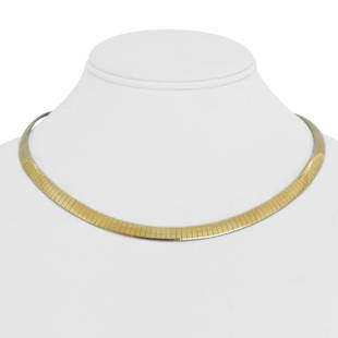 14k Yellow White Gold 30.6g Heavy Reversible 6mm Omega Link Collar Necklace 17": Details Condition: Excellent Condition, Professionally Cleaned and Polished Metal: 14k Gold (Marked, and Professionally Tested) Weight: 30.6g Length: 17 Inches Width: 6mm Closure: Lobster Claw 