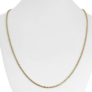 14k Yellow Gold 7.6g Thin Solid 1.8mm Diamond Cut Rope Chain Necklace 24": Details Condition: Excellent Condition, Professionally Cleaned and Polished Metal: 14k Gold (Marked, and Professionally Tested) Weight: 7.6g Length: 24 Inches Width: 1.8mm Closure: Lobster Claw