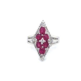 14k White Gold 1cttw Ruby and .20ct Diamond Kite Cocktail Ring Size 6.25: Details Condition: Excellent Condition, Professionally Cleaned and Polished Metal: 14k Gold (Marked, and Professionally Tested) Weight: 4.4g Gemstone: 1cttw of Oval Cut Lab Created Rubies 