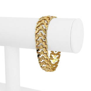 14k Yellow Gold 15.9g Ladies Aurafin 15mm Fancy Link Bracelet Italy 7": Details Condition: Excellent Condition, Professionally Cleaned and Polished Metal: 14k Gold (Marked, and Professionally Tested) Weight: 15.9g Length: 7 Inches Width: 15mm Closure: Box Tab