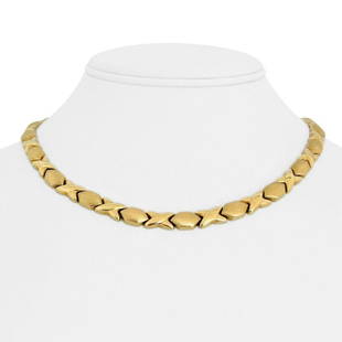14k Yellow Gold 30.4g Ladies 7mm Hugs and Kisses XO Link Necklace Italy 17": Details Condition: Excellent Condition, Professionally Cleaned and Polished Metal: 14k Gold (Marked, and Professionally Tested) Weight: 30.4g Length: 17 Inches Width: 7mm Closure: Box Tab