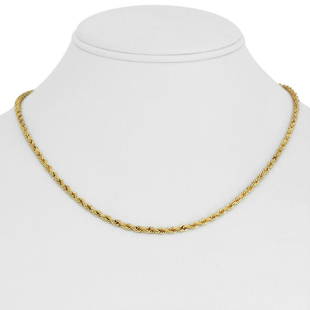 14k Yellow Gold 14.7g Solid Diamond Cut Ladies 3mm Rope Chain Necklace 18": Details Condition: Excellent Condition, Professionally Cleaned and Polished Metal: 14k Gold (Marked, and Professionally Tested) Weight: 14.7g Length: 18 Inches Width: 3mm Closure: Barrel and