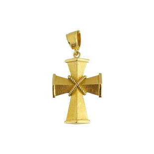19k Portuguese Yellow Gold 12.8g Satin Finish Fancy Cross Pendant 2.25": Details Condition: Excellent Condition, Professionally Cleaned and Polished Metal: 19k Gold (Marked, and Professionally Tested) Weight: 12.8g Length: 2.25 Inches Including Bail Width: 1.15