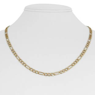 14k Yellow Gold 13g Semi Solid 4mm Figaro Link Chain Necklace 20": Details Condition: Excellent Condition, Professionally Cleaned and Polished Metal: 14k Gold (Marked, and Professionally Tested) Weight: 13.1g Length: 20 Inches Width: 4mm Closure: Lobster Claw 
