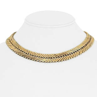 14k Yellow Gold 78.7g Heavy Ladies 15mm Fancy V Link Collar Necklace 16": Details Condition: Excellent Condition, Professionally Cleaned and Polished Metal: 14k Gold (Marked, and Professionally Tested) Weight: 78.7g Length: 16 Inches Width: 15mm Closure: Box Tab
