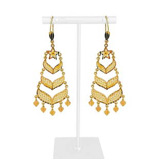 21k Yellow Gold 12.5g Ladies Diamond Cut Fancy Drop Dangle Earrings: Details Condition: Excellent Condition, Professionally Cleaned and Polished Metal: 21k Gold (Marked, and Professionally Tested) Weight: 12.5g Length: 3.2 Inches Width: 1.4 Inches Closure: Hooks