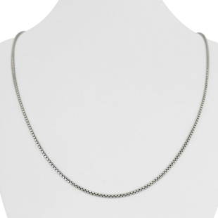 18k White Gold 9.3g Solid Thin 1.5mm Box Link Chain Necklace 23": Details Condition: Excellent Condition, Professionally Cleaned and Polished Metal: 18k Gold (Marked, and Professionally Tested) Weight: 9.3g Length: 23 Inches Width: 1.5mm Closure: Spring Ring 