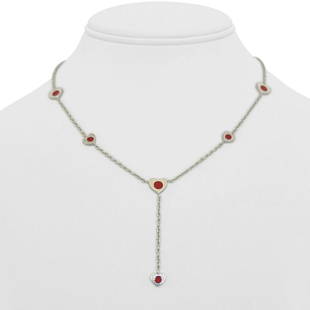 14k White Gold and Red Enamel Heart Station Drop Link Cable Necklace Italy 16": Details Condition: Excellent Condition, Professionally Cleaned and Polished Metal: 14k Gold (Marked, and Professionally Tested) Weight: 8.1g Length: 16 Inches Width: 8.5mm at hearts, 1.5mm chain