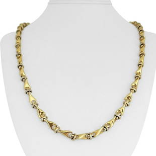 14k Yellow and White Gold 48g Fancy Ball and Bar Link Chain Necklace 24.5": Details Condition: Excellent Condition, Professionally Cleaned and Polished Metal: 14k Gold (Marked, and Professionally Tested) Weight: 48.2g Length: 24.5 Inches Width: 6.5mm Closure: Lobster